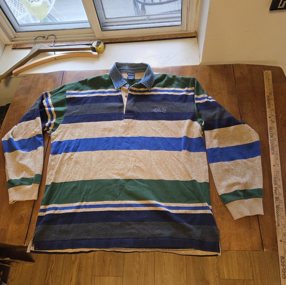 Vtg GANT Rugger Heavyweight Striped Rugby Shirt - Men's L - Denim Collar
